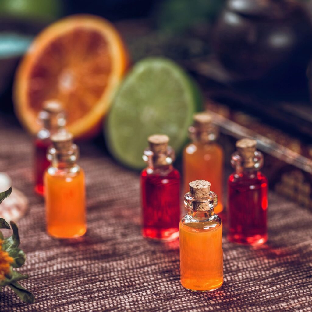 Close-Up Of Essential Oils On Table