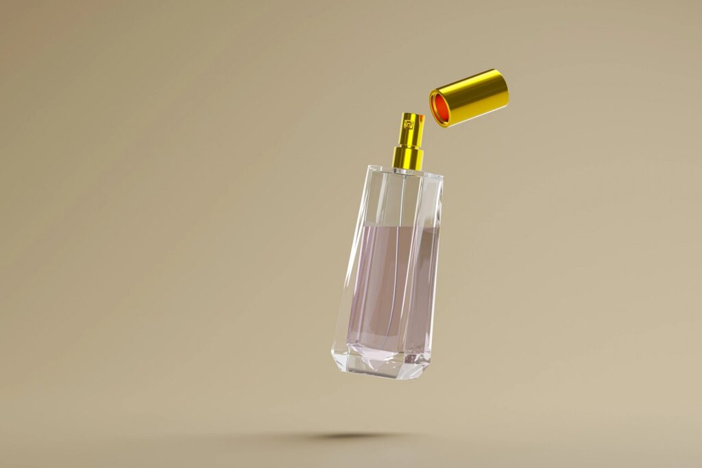 Vertical 3D render of luxury perfume glass bottle with floating gold cap on beige background.